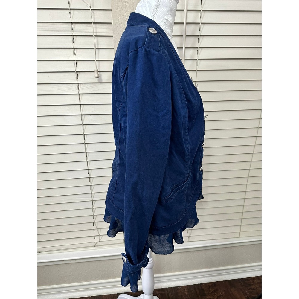 Chico's Military Jacket Women 1 Navy Blue Ruffle Hem Silver Crest Button Blazer - Picture 2 of 9